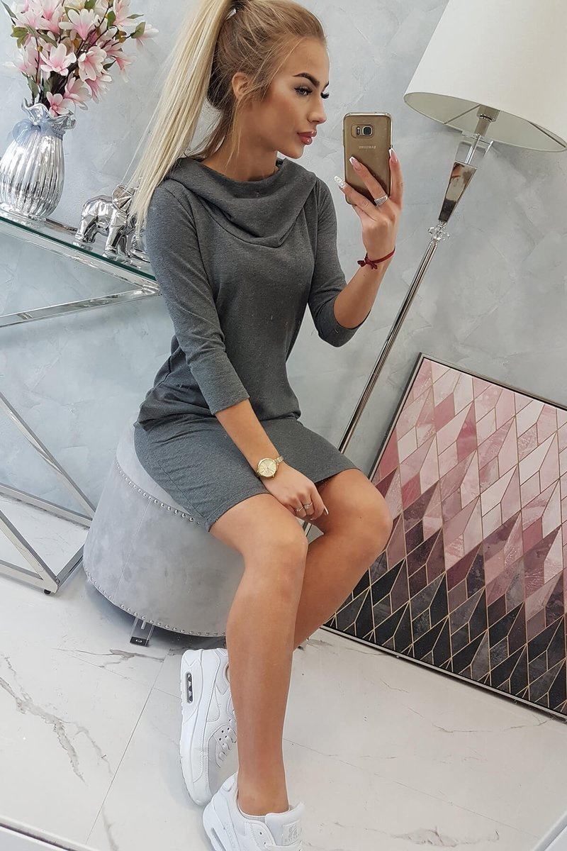 Sukienka z kapturem i kieszeniami grafit melanż - obrazek 8