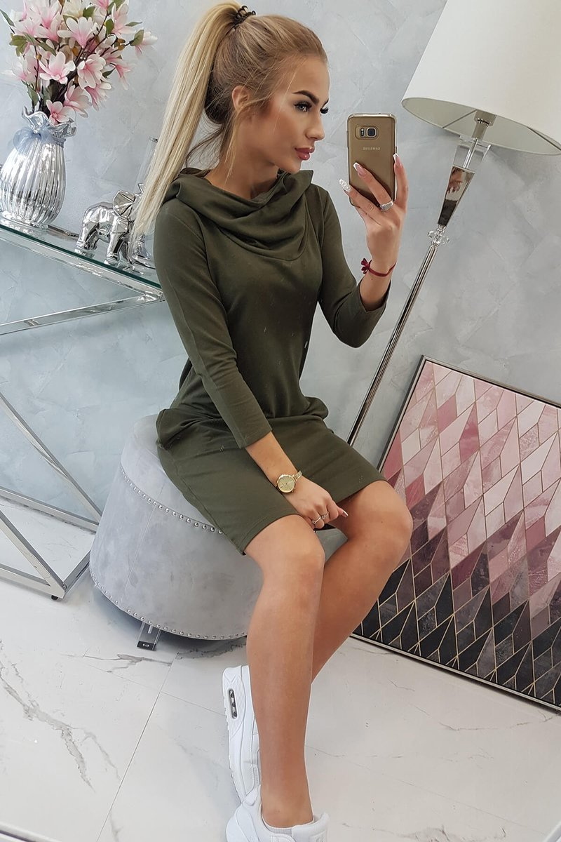 Sukienka z kapturem i kieszeniami khaki - obrazek 8