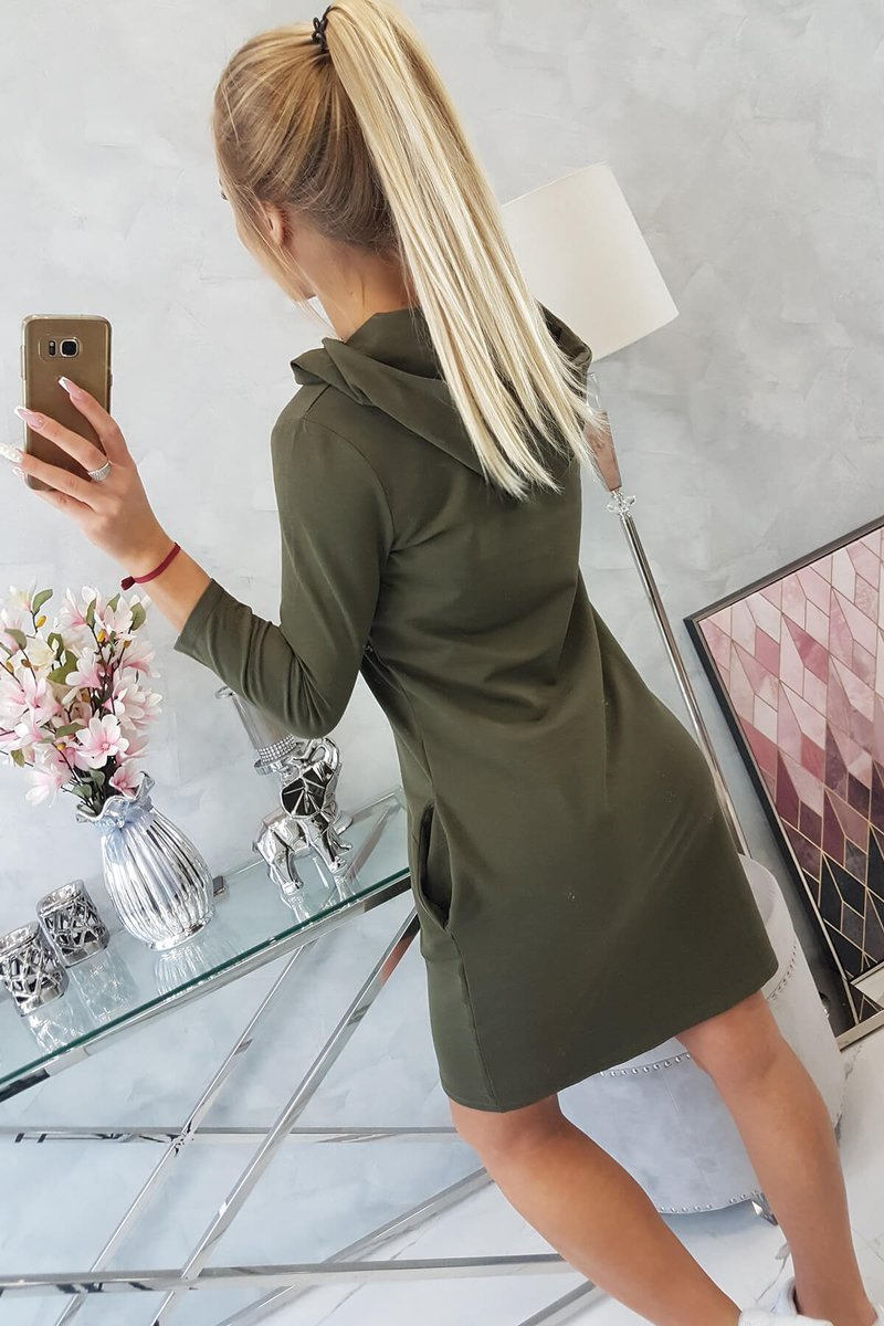 Sukienka z kapturem i kieszeniami khaki - obrazek 7