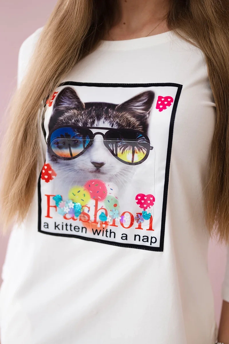 Sukienka z grafiką kota 3D ecru - obrazek 4