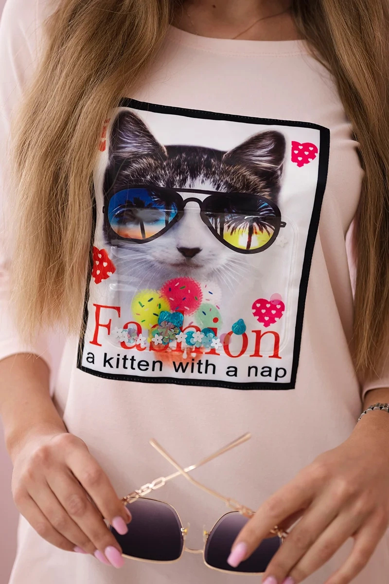 Sukienka z grafiką kota 3D pudrowy róż - obrazek 4