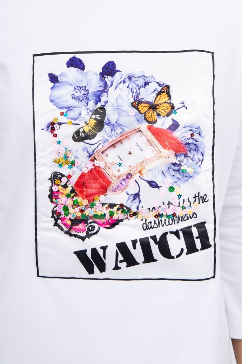 Sukienka z grafiką 3D Watch ecru - obrazek 4