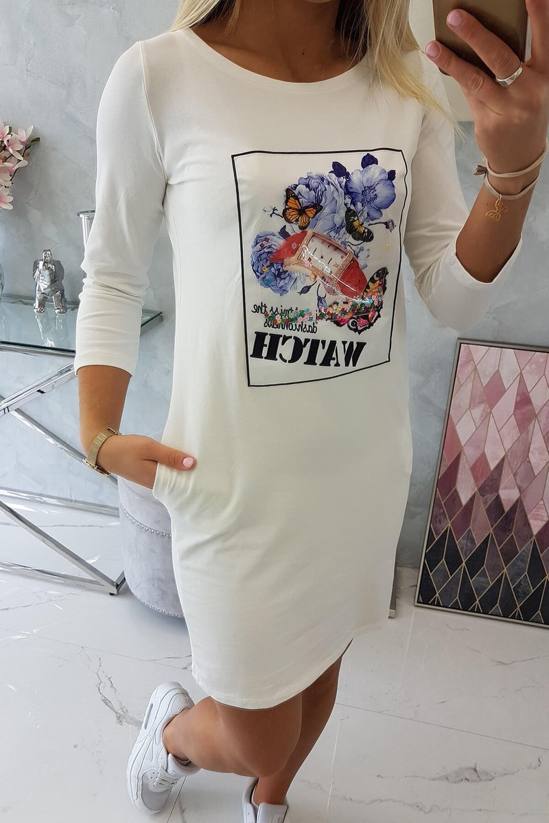 Sukienka z grafiką 3D Watch ecru - obrazek 5
