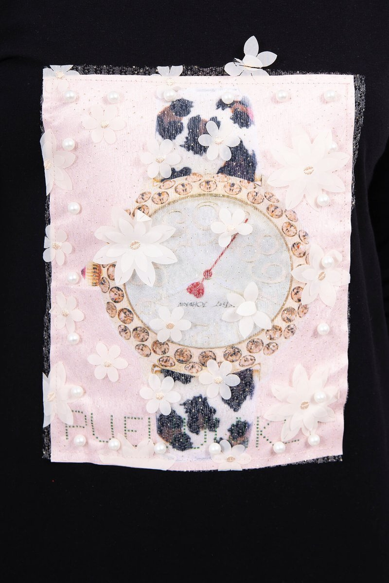 Sukienka z grafiką 3D z perełkami czarna - obrazek 4