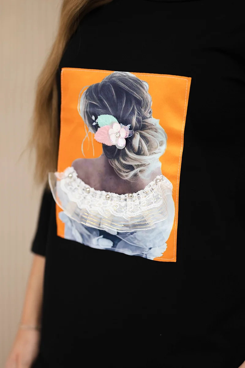 Sukienka z grafiką 3D, koronka czarna - obrazek 4