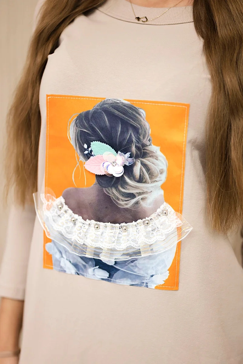 Sukienka z grafiką 3D, koronka beżowa - obrazek 4