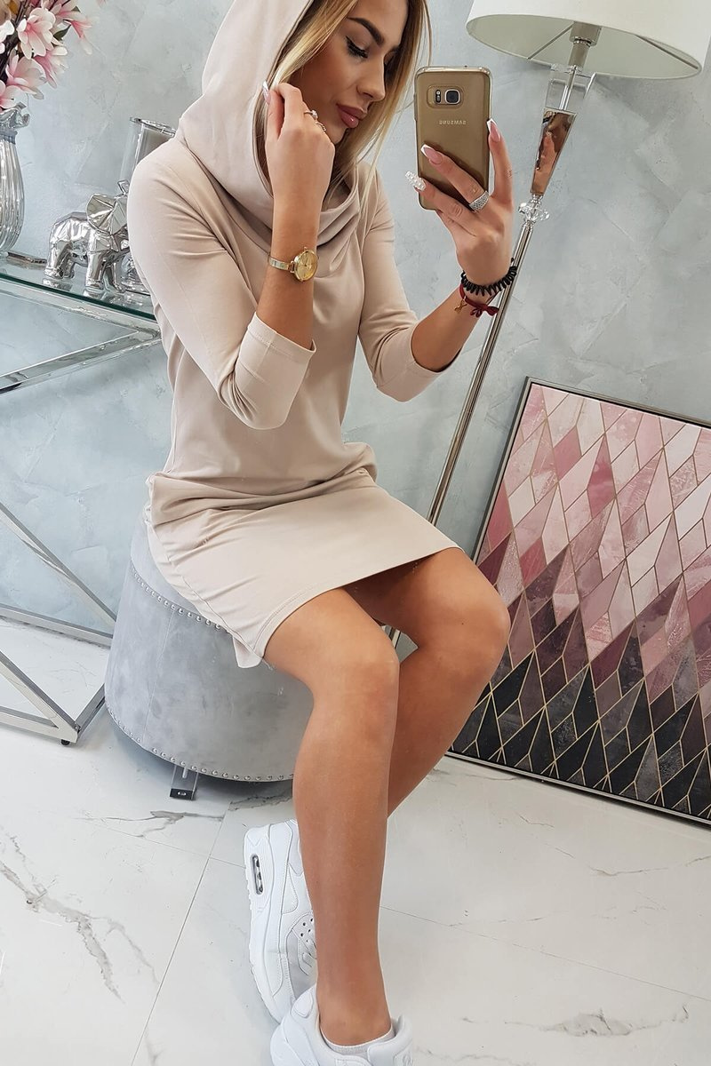 Sukienka z kapturem i kieszeniami beżowa - obrazek 8