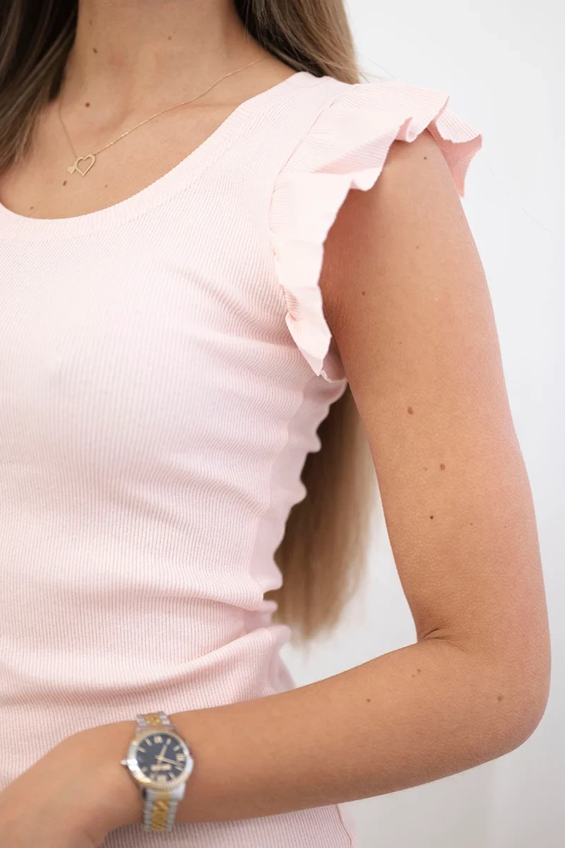 Sukienka z falbanką przy rękawie pudrowy róż - obrazek 3