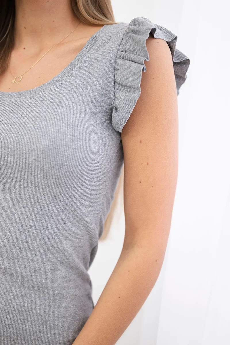 Sukienka z falbanką przy rękawie szara - obrazek 3