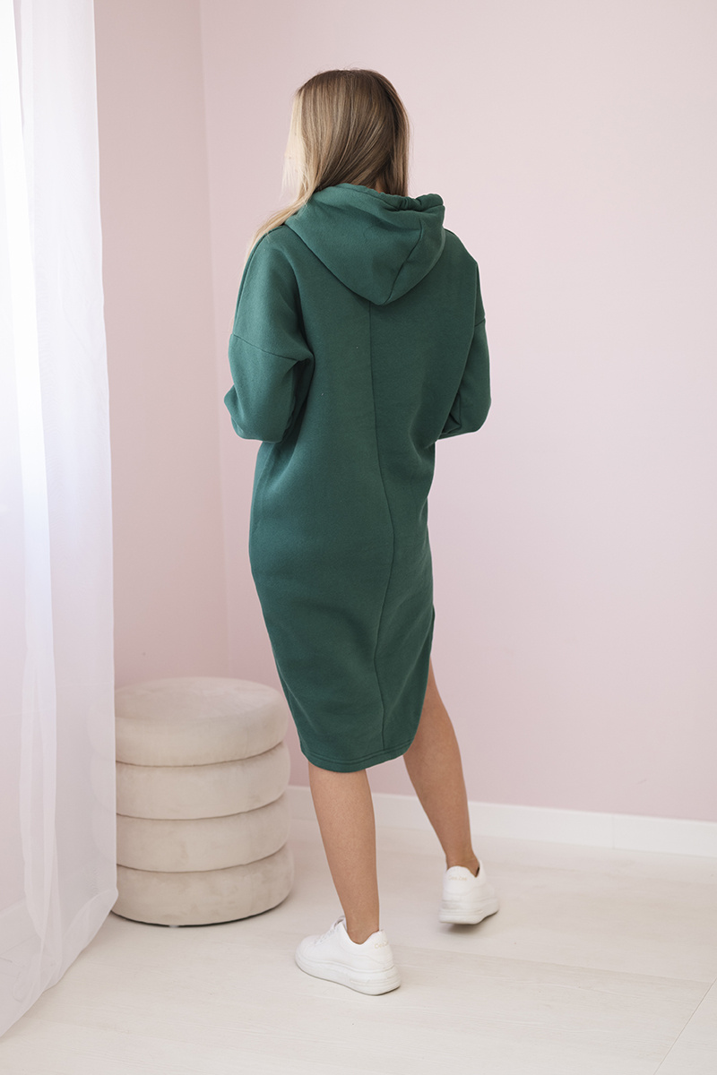 Sukienka z kapturem i rozcięciem na boku ciemny zielony - obrazek 3