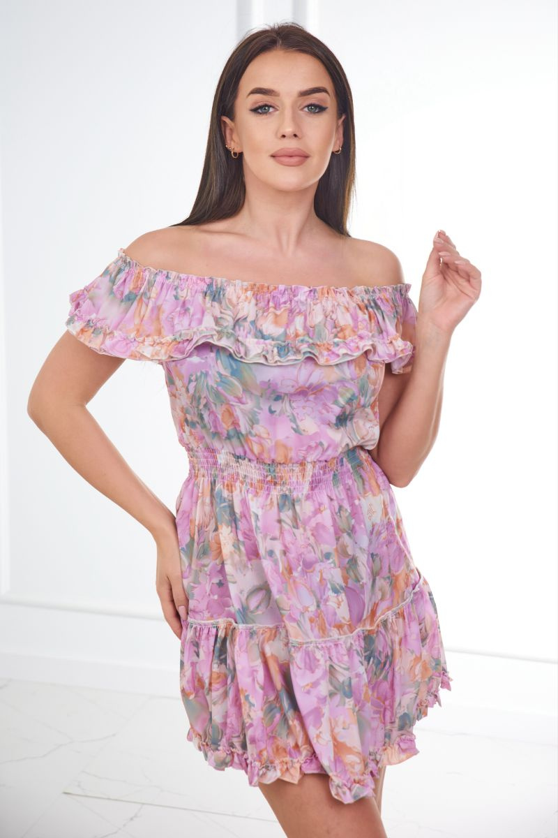 Sukienka z odkrytymi ramionami w kwiaty fioletowa - obrazek 2
