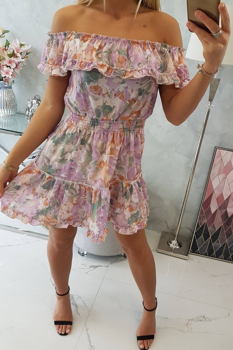 Sukienka z odkrytymi ramionami w kwiaty fioletowa - obrazek 6