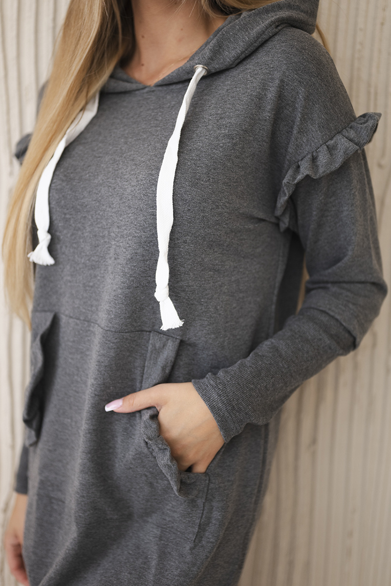 Sukienka z ozdobnymi falbankami i kapturem grafitowa - obrazek 4