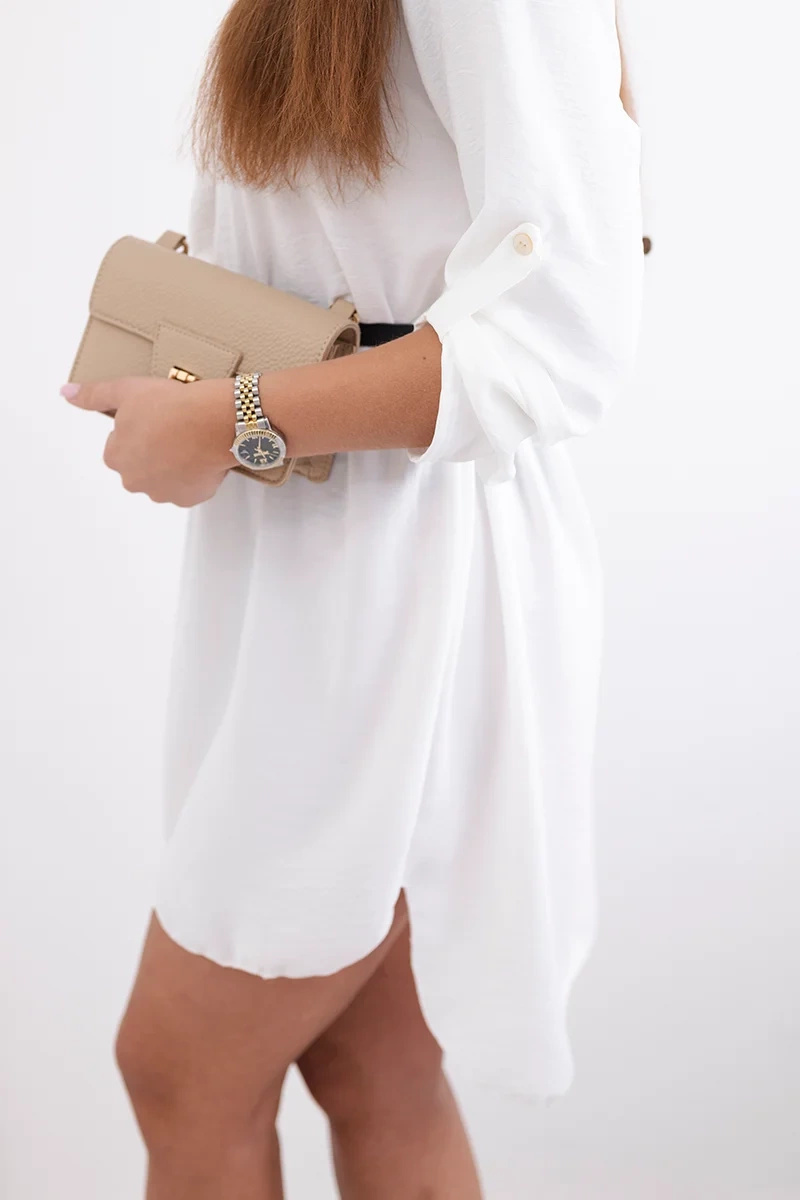 Sukienka z dłuższym tyłem i paskiem ecru - obrazek 4