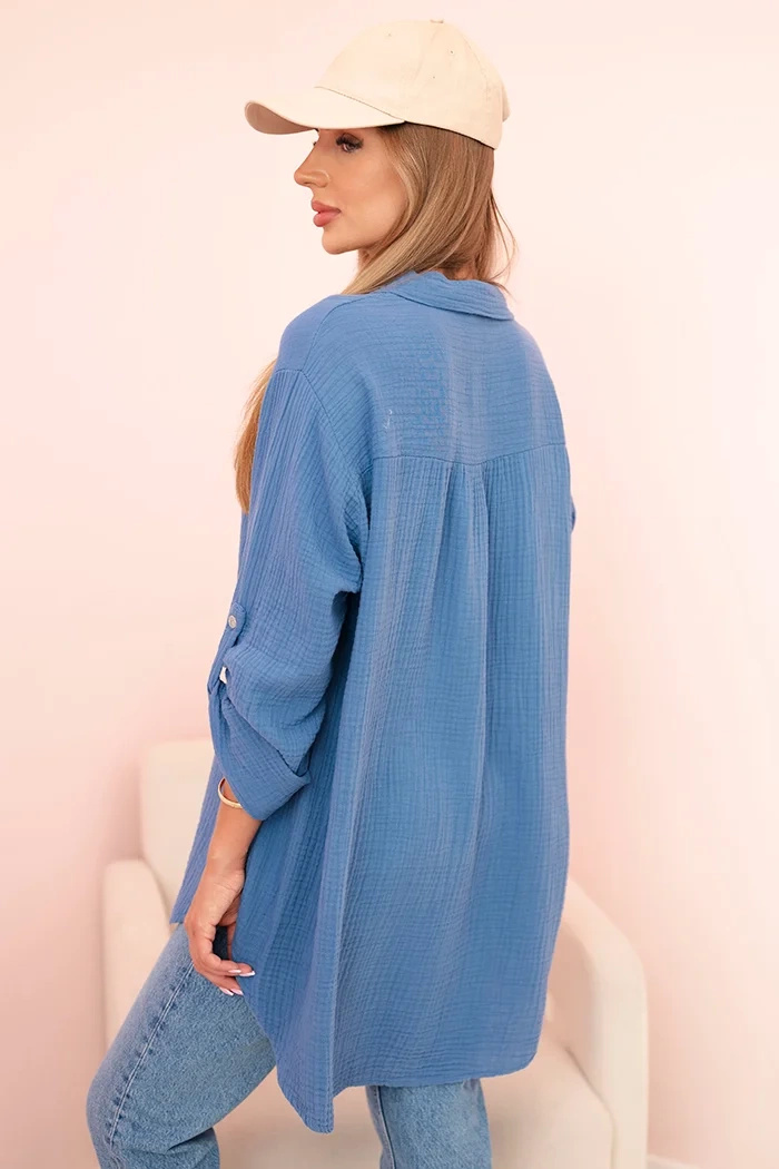 Koszula bawełniana muślinowa oversize ciemno jeansowa - obrazek 3