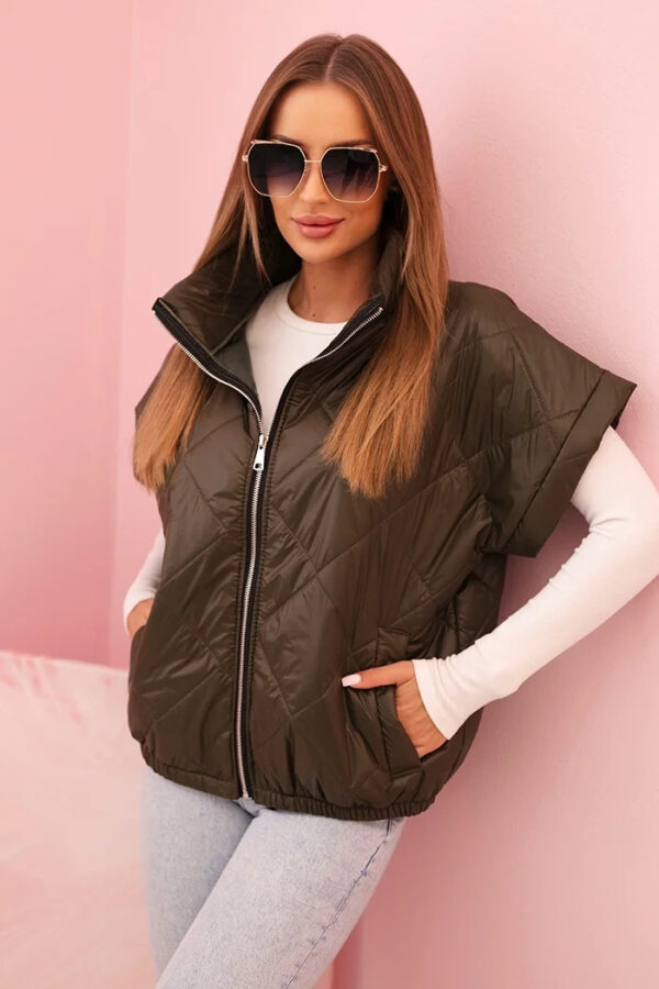 Kamizelka damska pikowana z krótkim rękawem i stójką khaki