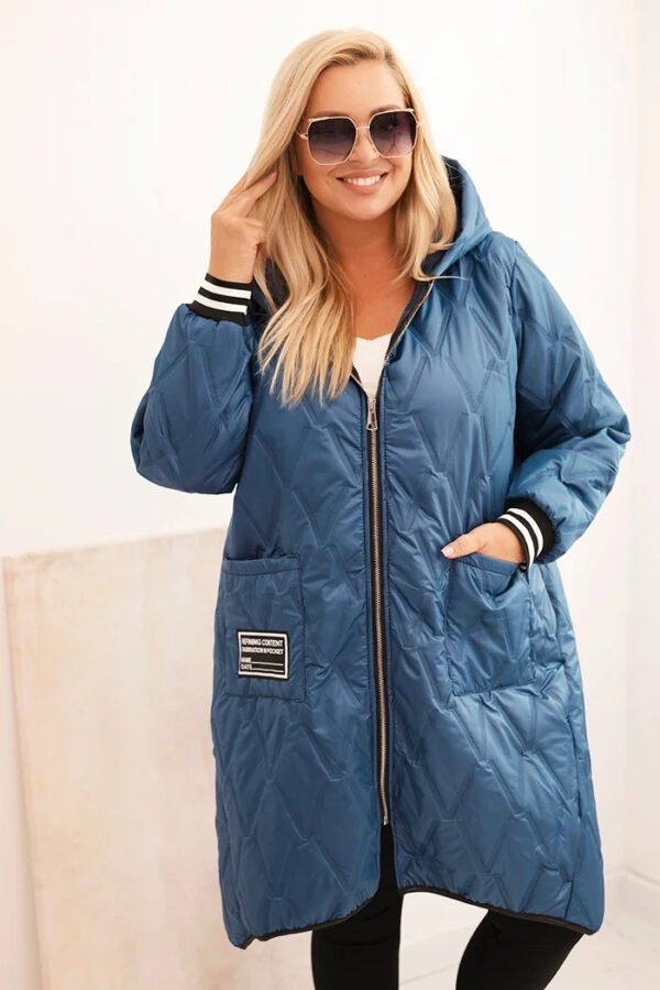 Kurtka damska Plus Size pikowana z kapturem i sportowymi mankietami jeansowa