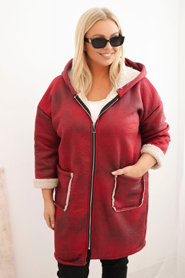 Kurtka damska Plus Size z kapturem i kieszeniami ocieplana barankiem bordowa
