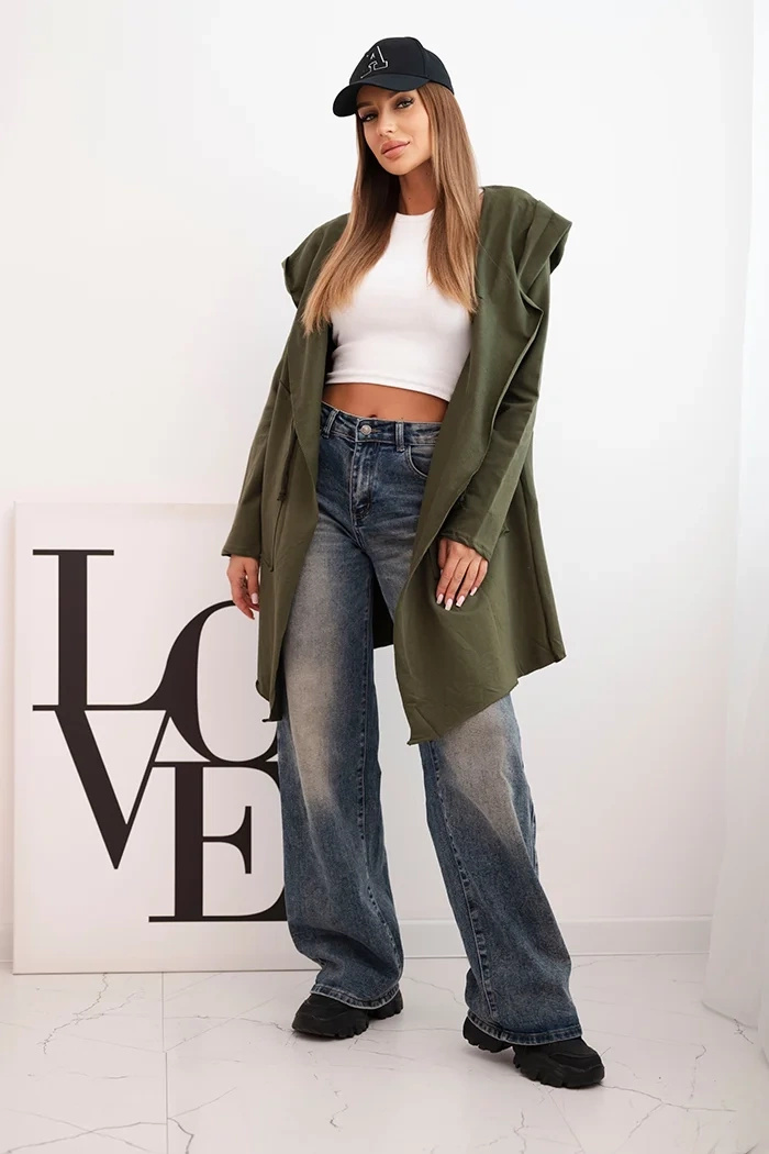 Narzutka z luźnym kapturem khaki - obrazek 2