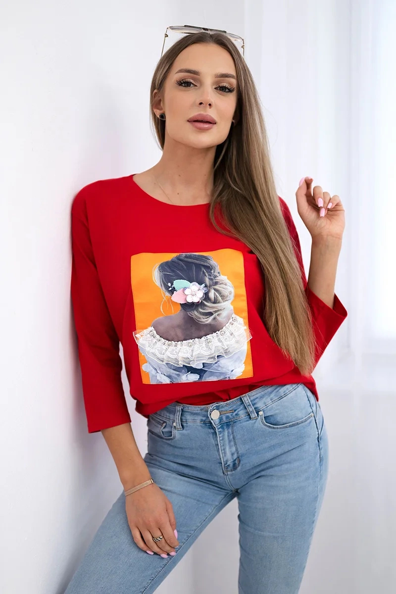 Bluzka z grafiką 3D, koronka czerwona
