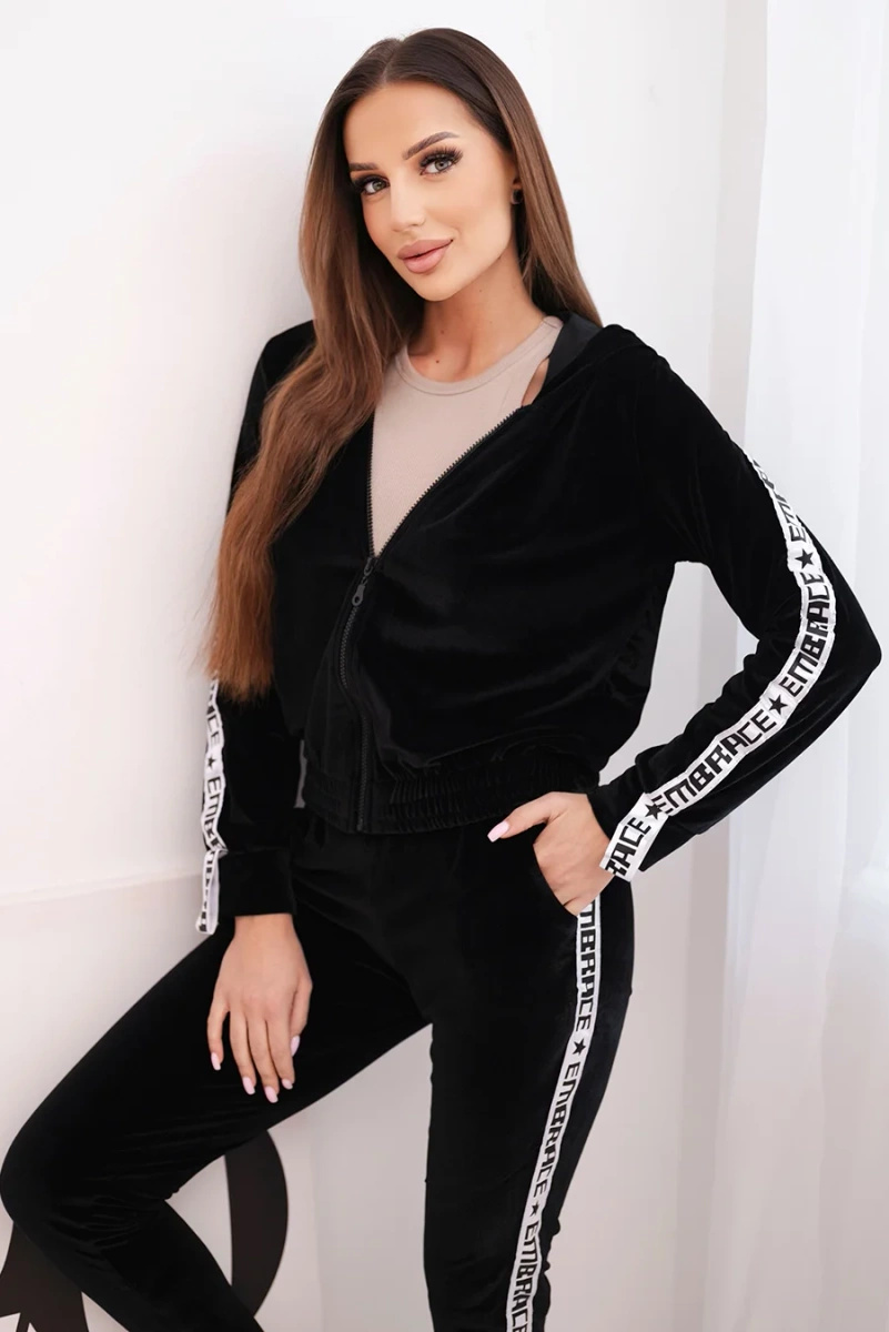 Komplet welurowy z ozdobnymi taśmami czarny - obrazek 2