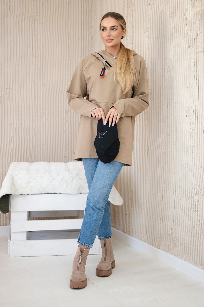 Tunika z suwakiem na kapturze Oversize camelowa - obrazek 2